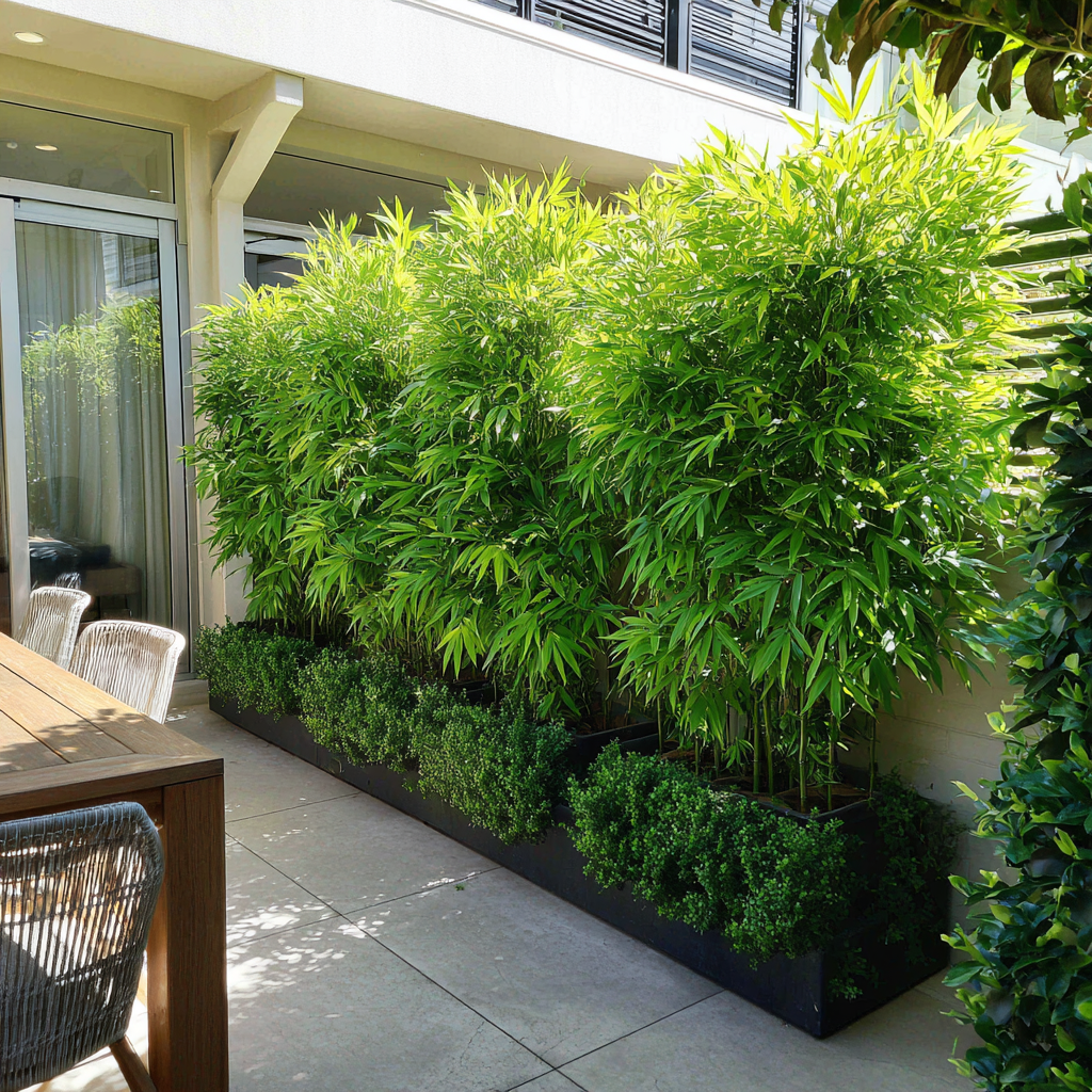 Green plants in planters on a patio with a building in the background