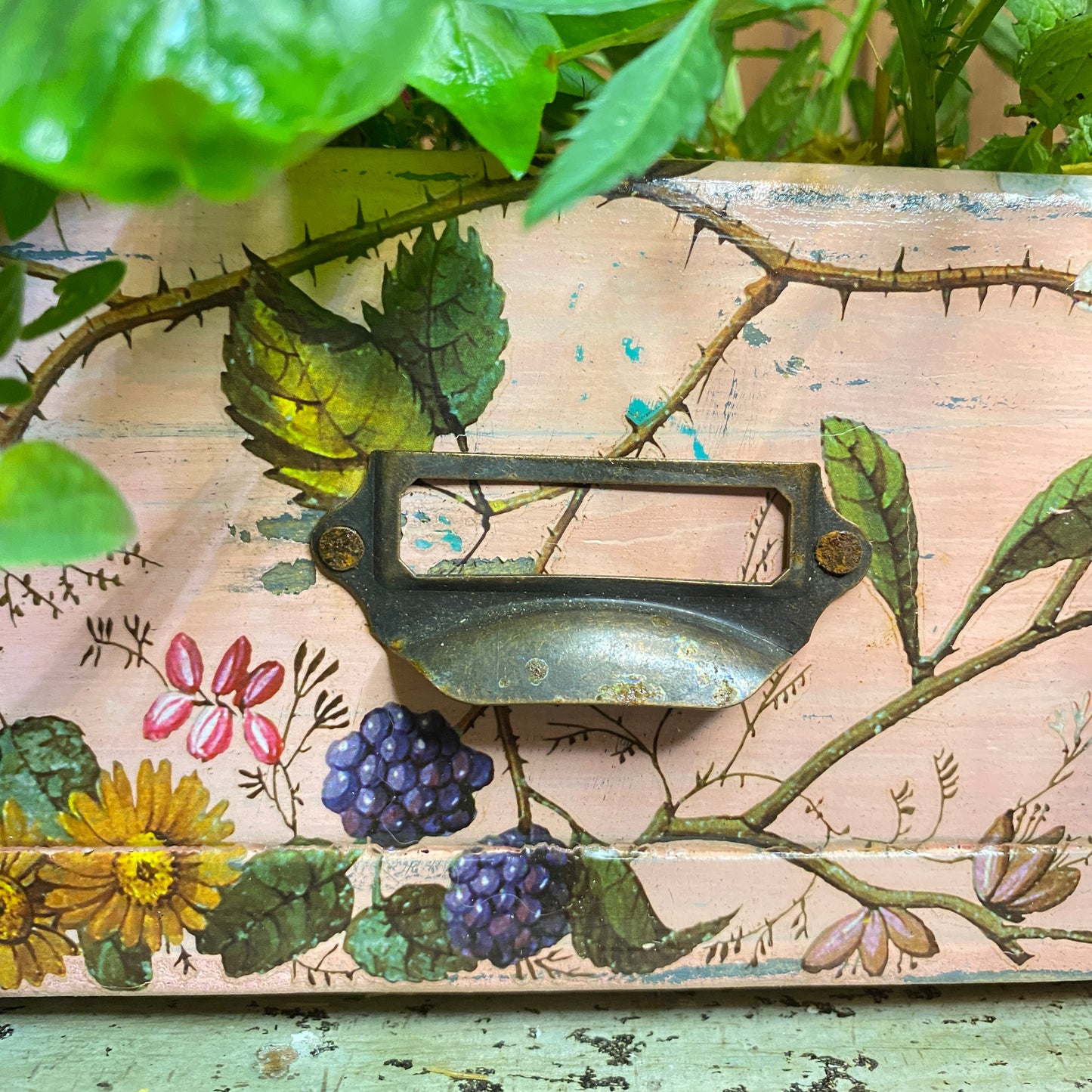 Decorative wooden box with floral and botanical design, featuring a metal handle.