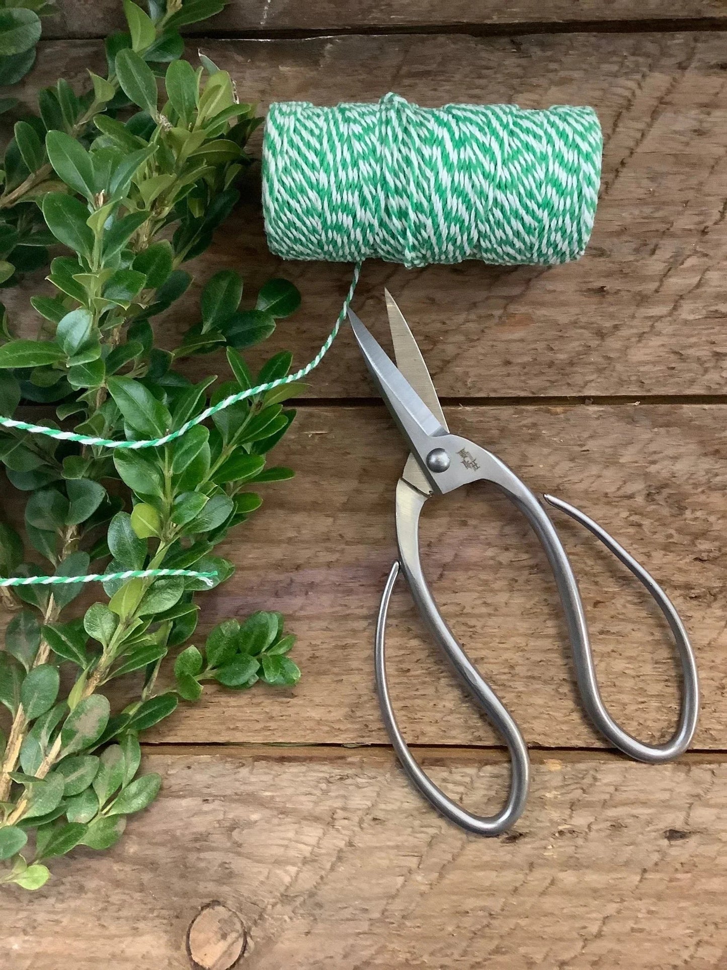 Roll of green twine, scissors, and greenery on a wooden surface