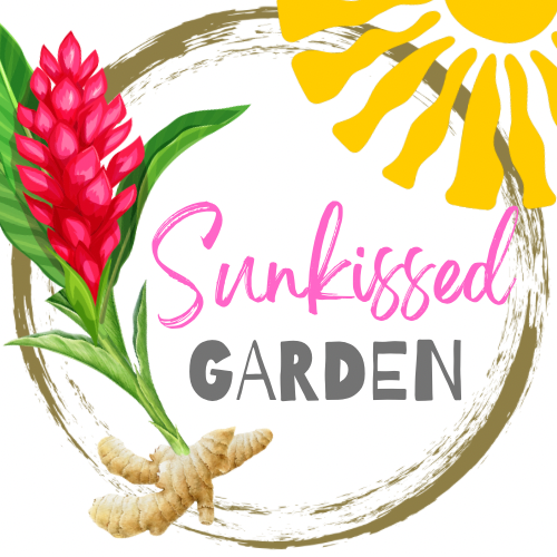Logo for 'Sunkissed Garden' with tropical flowers and text on a white background